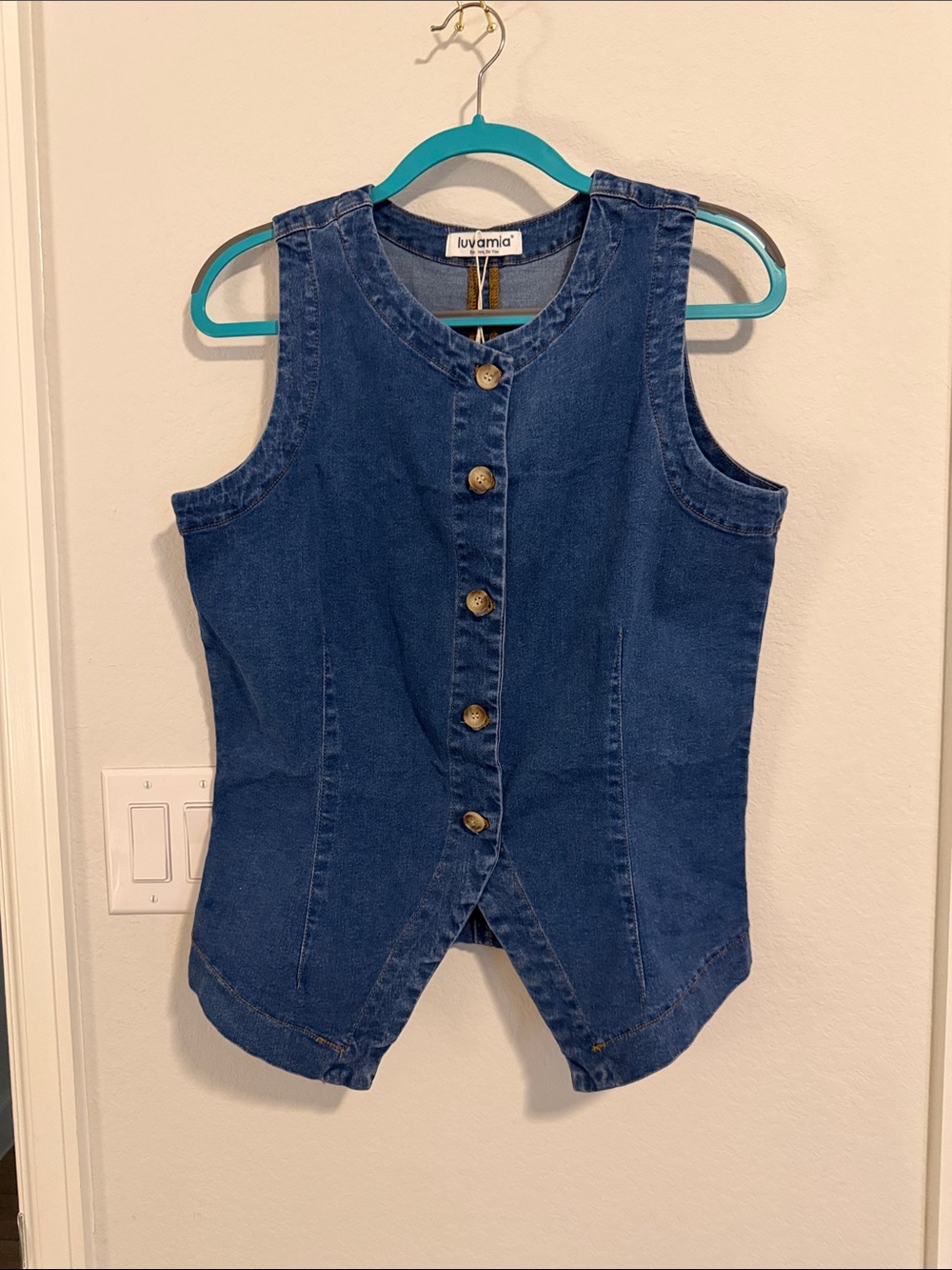 Luvamia Sleeveless Denim Button-Front Vest - Dark Blue